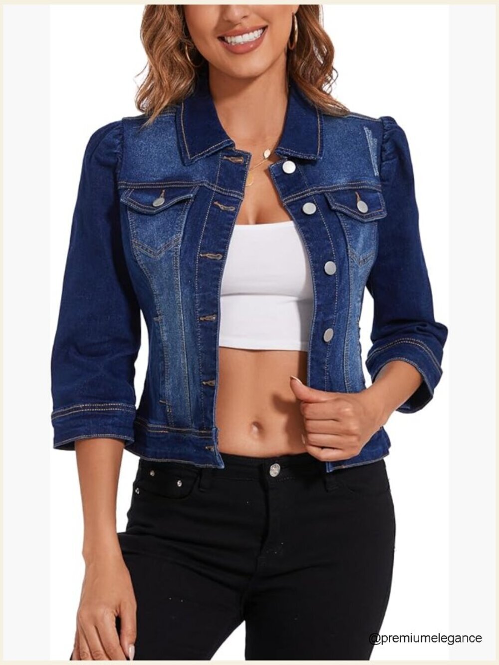 Cropped Denim Jacket Stretchy 3/4 Puff Sleeve Distressed with Pockets